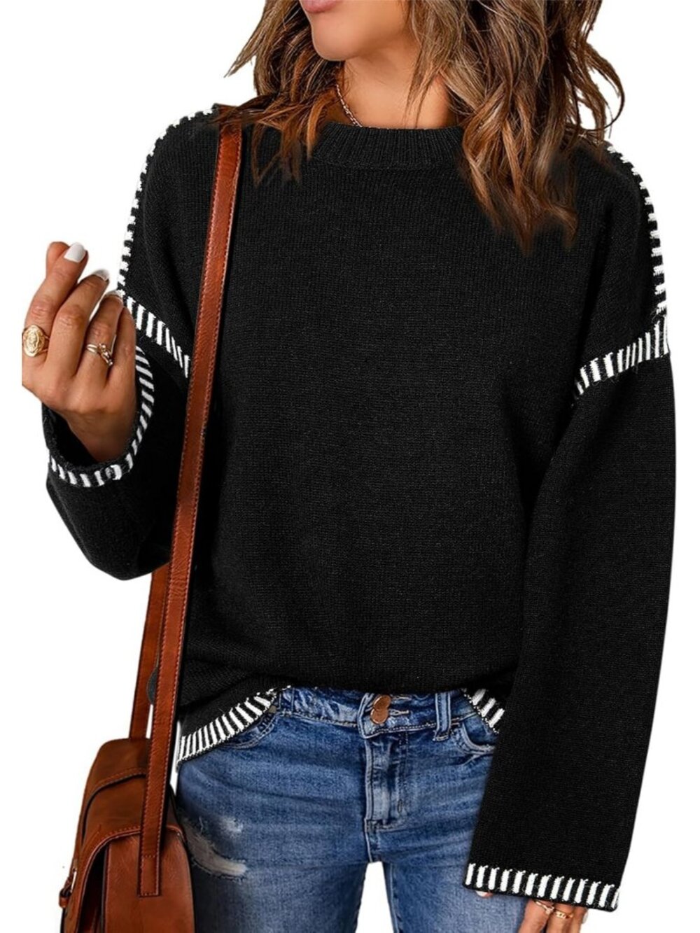 Women's Black Oversized Crewneck Long Sleeve Knit Casual Fashion Sweater Tops
